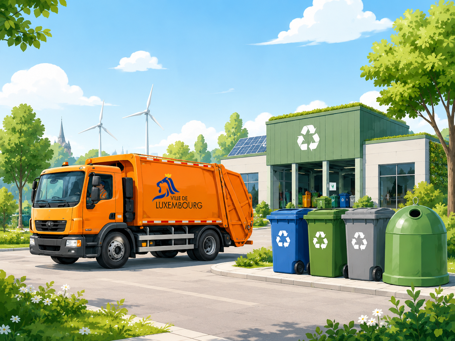 Orange municipal garbage truck near a recycling centre